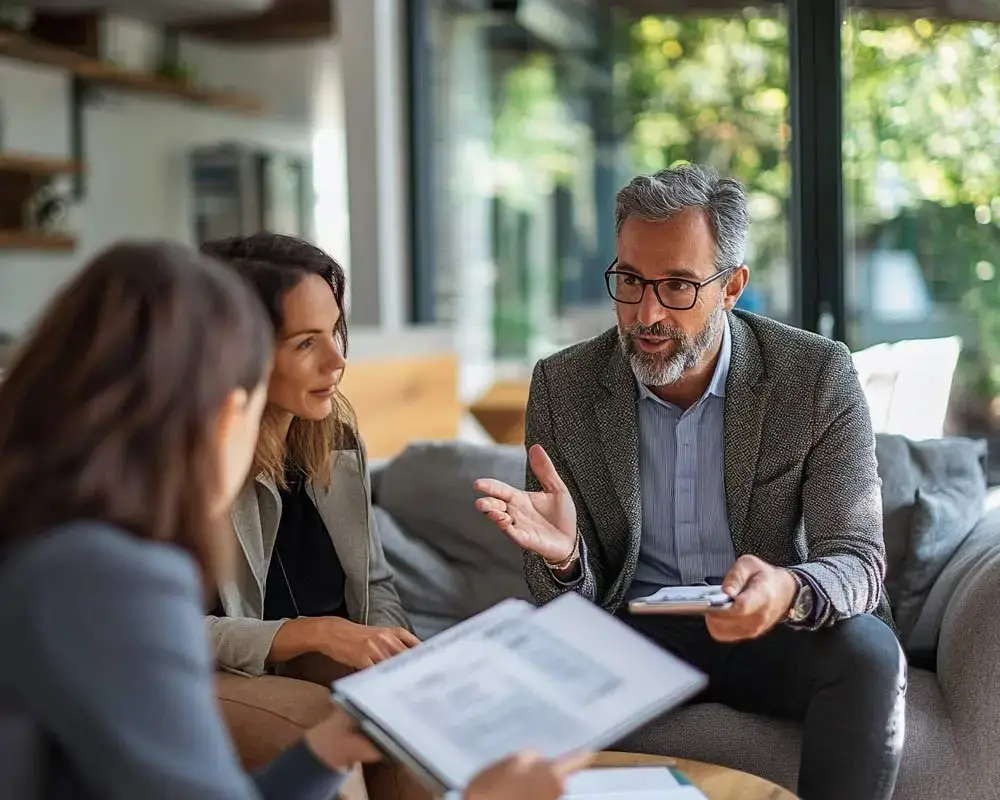 Oppenhome Immobilien - Beratungsgespräch zwischen Maklerin und Immobilienbeitzern im Zuge einer Immobilienbewertung