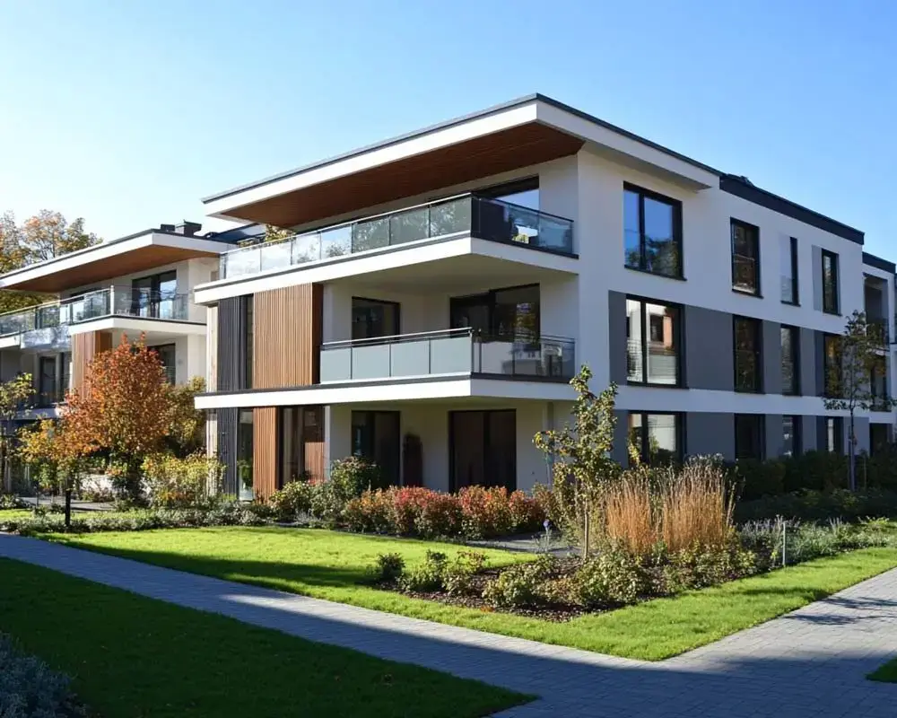 Oppenhome Immobilien - Drohnenaufnahme einer gepflegten Immobilie für den Neubauvertrieb