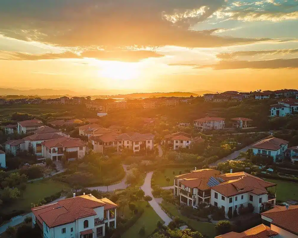 Oppenhome Immobilien - Drohnenaufnahme einer gepflegten Wohnbausiedlung (Finanzierung)